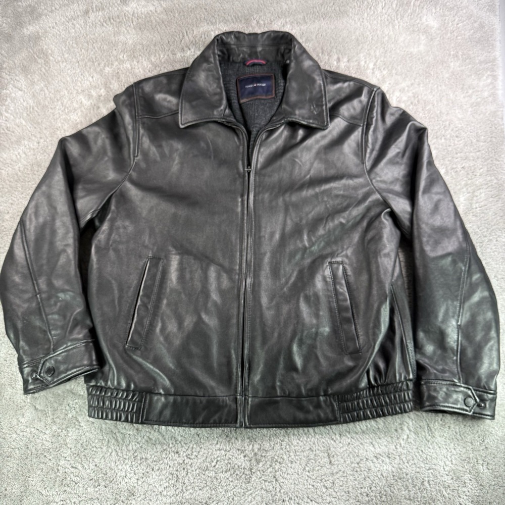Tommy Hilfiger Mens XL Black Genuine Leather Jacket Y2K Zip Bomber Coat